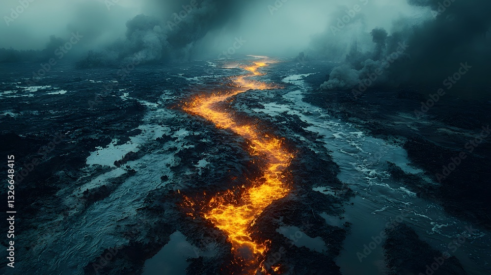 Poster symbolic scene of a river splitting into glowing wastewater and purified streams highlighting the tr