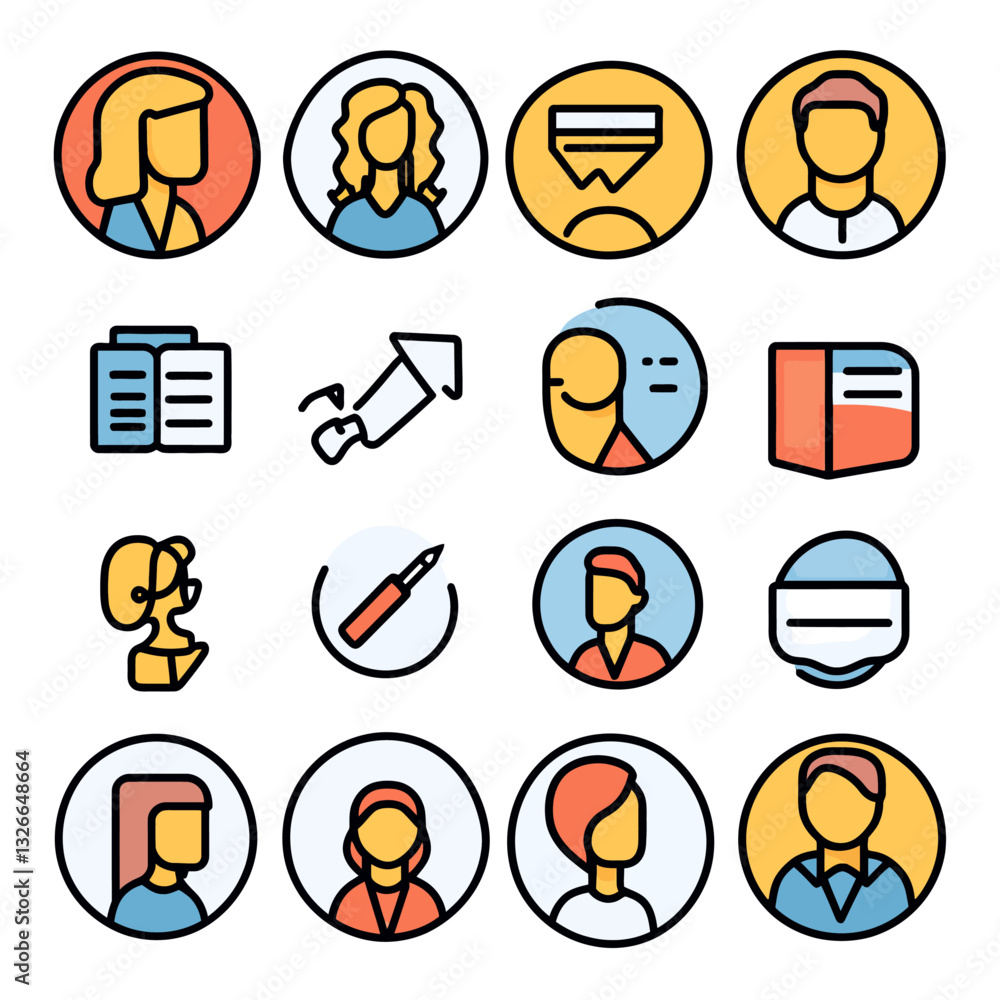 Poster vector icons illustrating communication and business concepts in circles.
