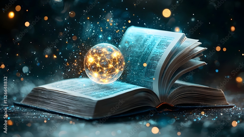 Poster a captivating digital image showcasing an open book from which a holographic periodic table emerges 