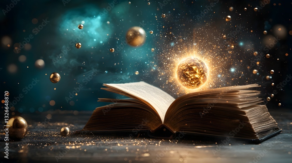 Aufkleber an open book with a glowing atomic nucleus at its core showcasing dynamic electrons orbiting and fus
