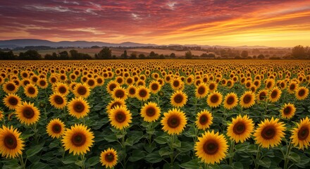 Sunflowers at Sunset Landscape - A vibrant sunflower field at sunset, symbolizing joy, nature's beauty, warmth, abundance, and hope