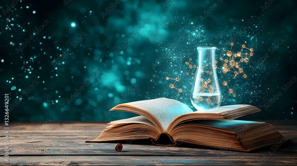 Poster holographic periodic table with glowing elements emerging from an open book
