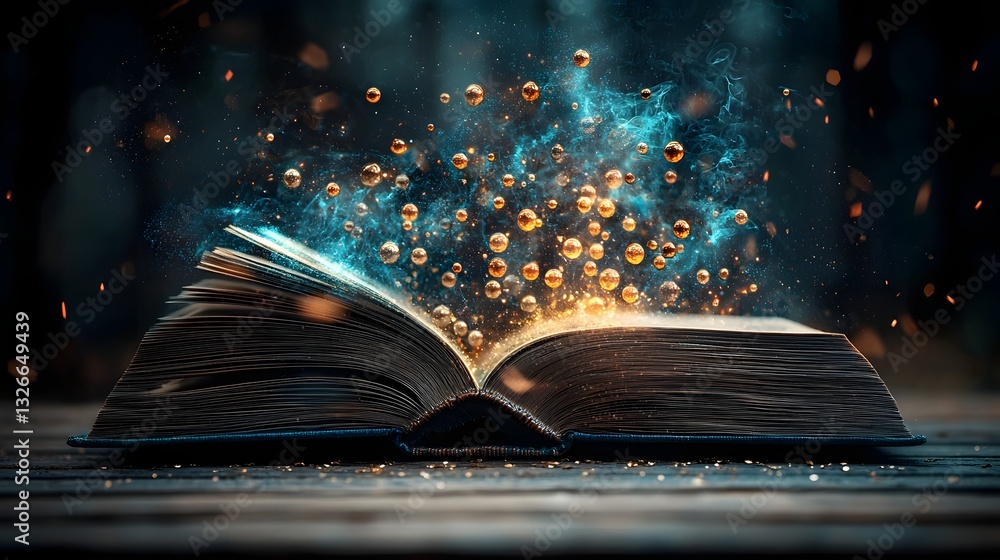 Poster holographic periodic table emerging from an open book dynamically glowing elements symbolizing the a
