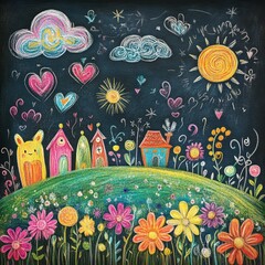 A colorful and cheerful chalk art landscape scene with houses and flowers