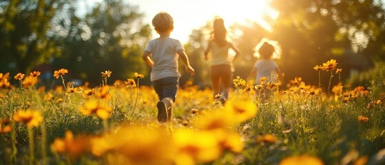 Children Playing Joyfully in a Bright Flower Field During Sunset