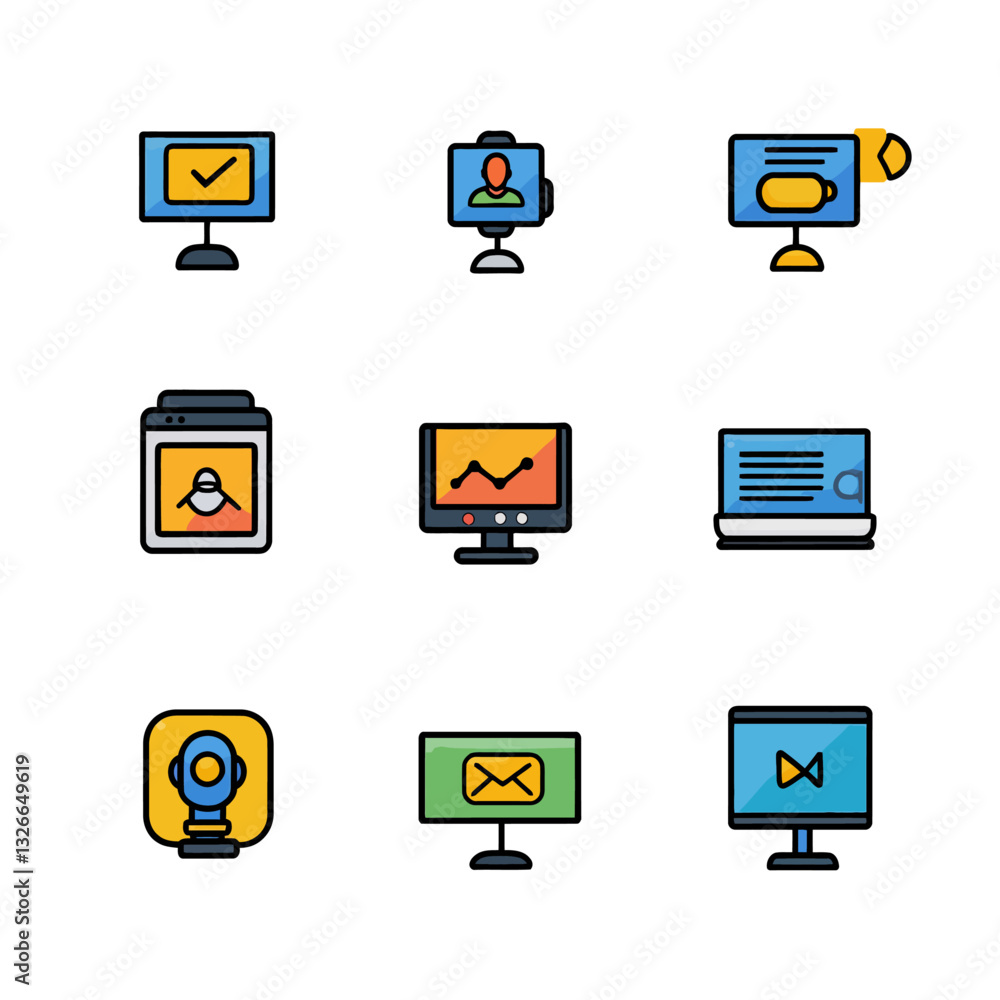Poster set of colorful computer monitors with icons for digital technology.