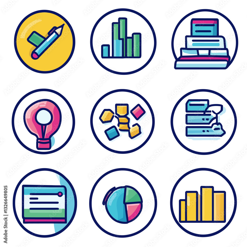 Poster business and data icons in circular frames for analysis and concepts