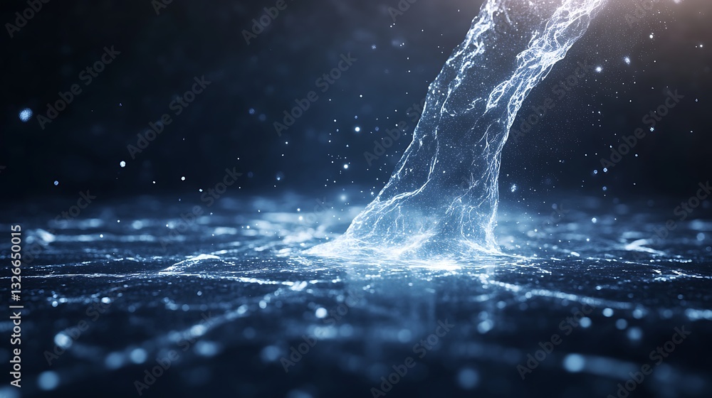 Poster flowing water creates a mesmerizing digital effect in a dark environment.