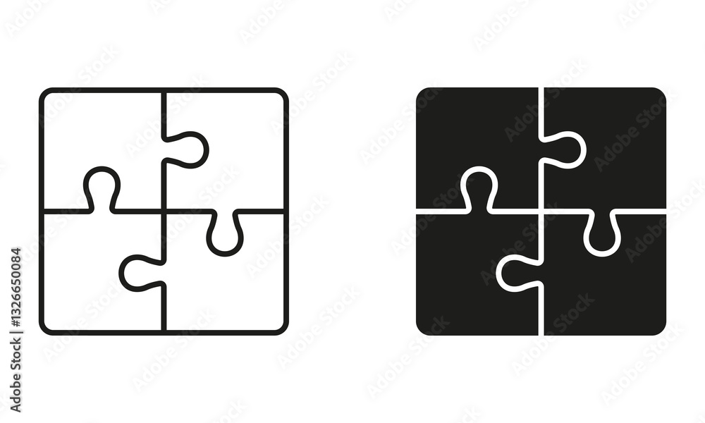Poster puzzle, combination solution line and silhouette icon set. jigsaw square pieces match pictogram. tea