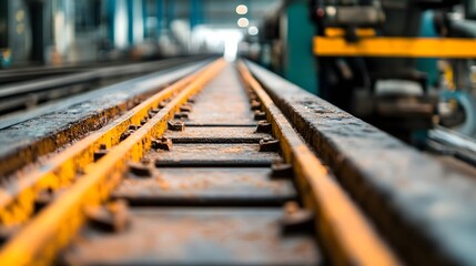 Rusty rails leading into bright future in industrial factory setting