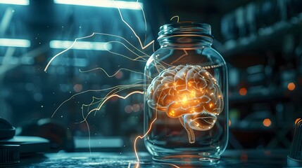 A jar filled with a brain is lit up with bright colors. The jar is on a table and the brain is surrounded by sparks. Concept of wonder and curiosity about the brain and its functions