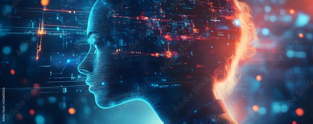 Poster Artificial intelligence forming a woman's face with data processing