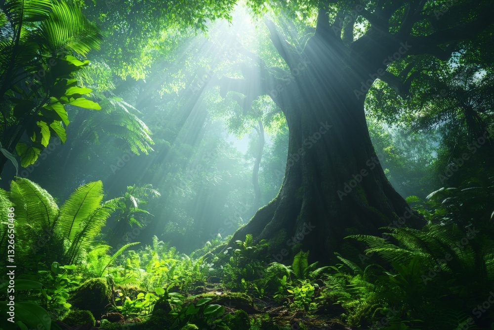Poster majestic tree standing tall in a dense rainforest with sunlight filtering through the canopy