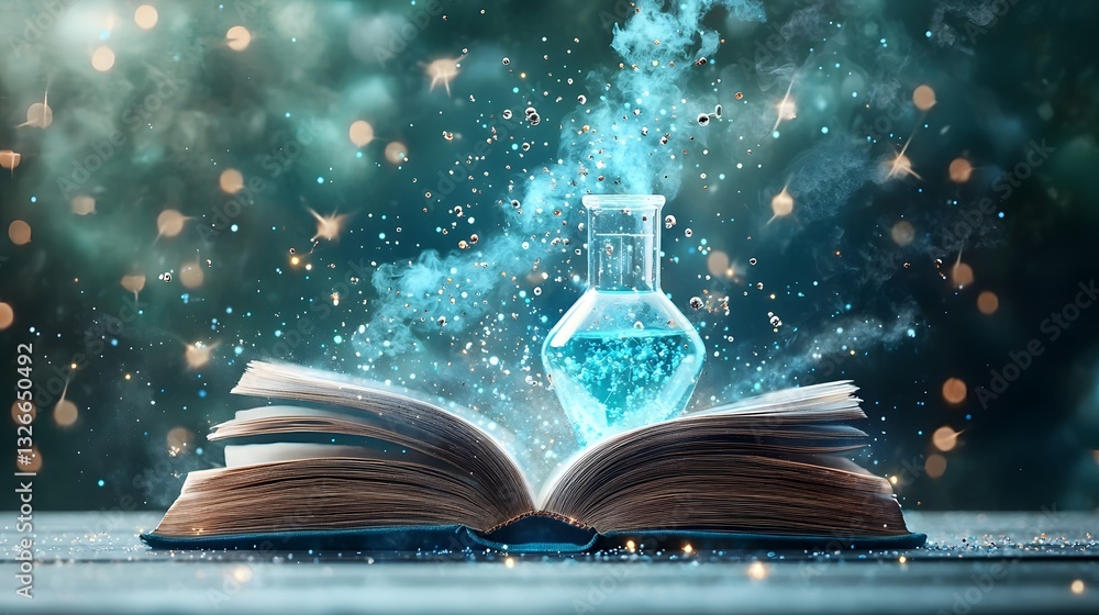 Aufkleber a photograph depicting an open book transforming into a futuristic chemistry laboratory where scient