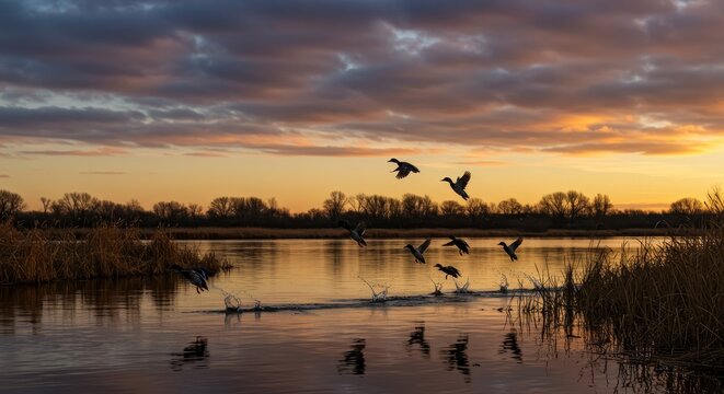 Sunset Flight Over Wetlands - Ducks taking flight at sunset over tranquil wetlands, symbolizing freedom, nature's beauty, the hunting season, wildlife, and serenity