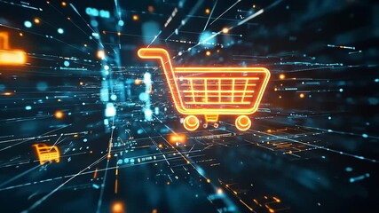 A glowing shopping cart icon amidst a vibrant digital landscape, symbolizing online commerce evolution