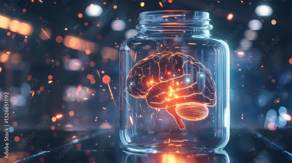Poster a jar filled with a brain is lit up with bright colors. the jar is on a table and the brain is surro