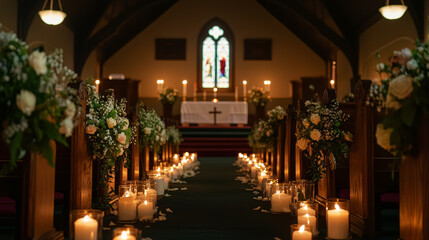 Glowing church interior with rows of lit candles illuminating peaceful ambiance. concept of spirituality, tranquility, sacred spaces