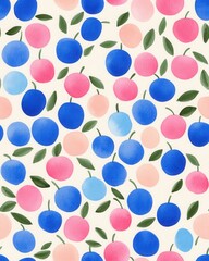 Fototapeta premium Abstract watercolor cherries and apples pattern in beautiful blue and pink hues creating a playful artistic display