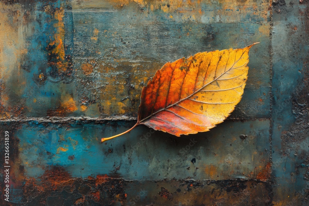 Poster vibrant autumn leaf rests on rustic metal surface showcasing colors of fall in a creative artistic c