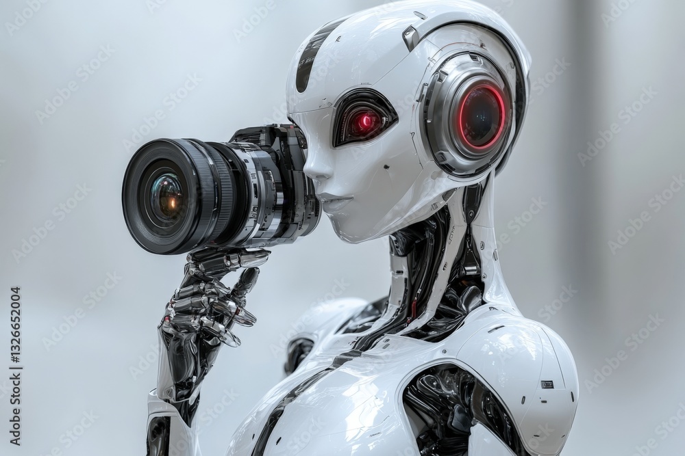 Poster futuristic robot capturing images with a professional camera in a modern, high-tech environment