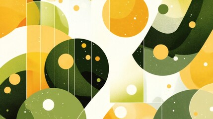 Abstract design featuring vibrant green and yellow circles and shapes against a light background