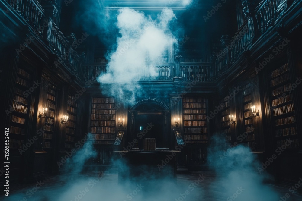 Poster Mysterious library shrouded in mist with glowing lights and towering bookshelves in a quiet atmosphere