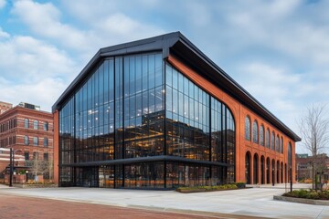 Obraz premium Modern glass and brick building in an urban setting showcases innovative architecture and design features