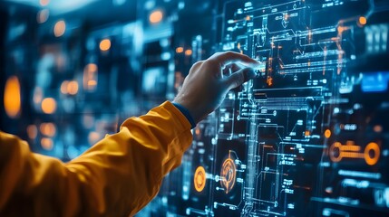 Engineer working with futuristic touchscreen interface in advanced technology control room