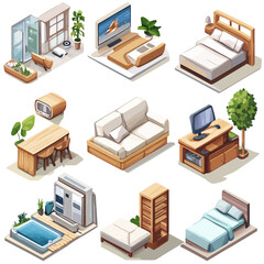 Isometric View of Modern Home Furnishings and Decor in Brown Tones