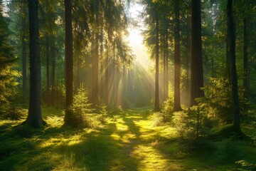 Sunlight filters through tall trees in a tranquil forest, creating a serene and magical atmosphere at dawn