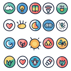 Colorful Icons: Cloud, Lightbulb, Book, Wi-Fi, Plant, Heart, Sun, Moon, Nature