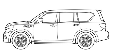 Classic full size premium suv car. Crossover car different view shot: side, front, rear and 3d. Outline doodle vector illustration. Design for print, coloring book