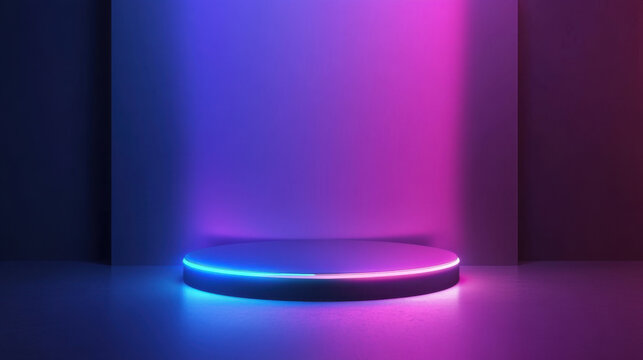 Modern stage podium with neon lights, creating vibrant atmosphere for presentations or performances. colorful backdrop enhances visual appeal and sets energetic tone