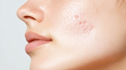 Obraz premium Skincare focus highlighting blemishes and texture on a young woman's face in a minimalist setting