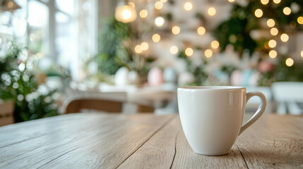 Fototapeta premium Clean white coffee cup on wooden table in cozy cafe. concept of warmth, serenity, minimalism, daily rituals. Copy space