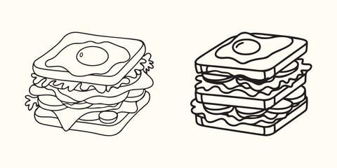 Delicious toast sandwich outline Vector illustration and silhouette hand drawn fast food