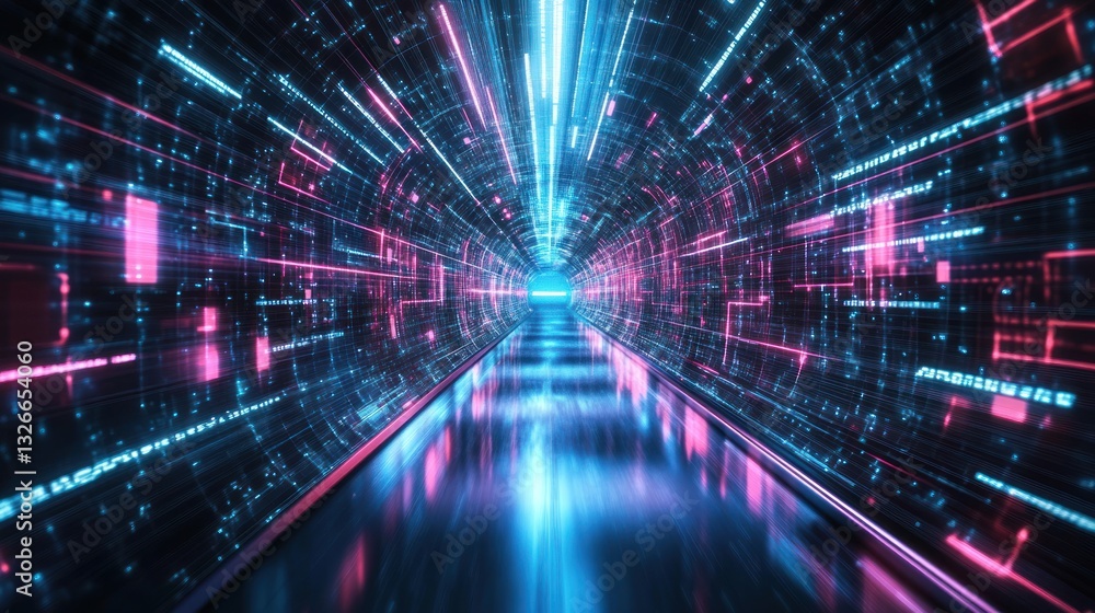 Poster a vibrant digital tunnel with colorful lights creating a futuristic and dynamic atmosphere, perfect 