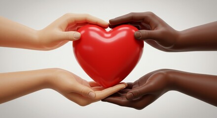 Obraz premium Unity Hands Holding Red Heart - Four hands, diverse in skin tone, gently cradle a bright red heart, symbolizing love, unity, support, care, and togetherness