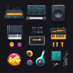 Music Studio Equipment, Synthesizers, Mixers, Speakers on Dark Background