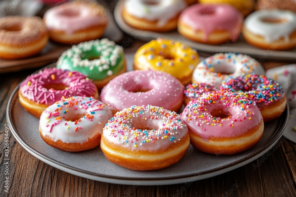 Poster delicious assorted donuts displayed on a wooden table with vibrant colors and toppings for everyone 