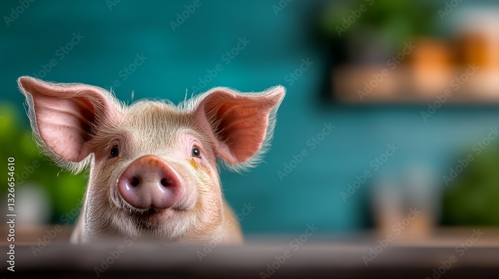 Poster pig is looking at the camera with its eyes wide open. the pig is standing on a wooden table in front