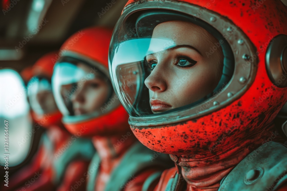 Poster group of astronauts prepare for space mission while wearing orange helmets in a futuristic spacecraf