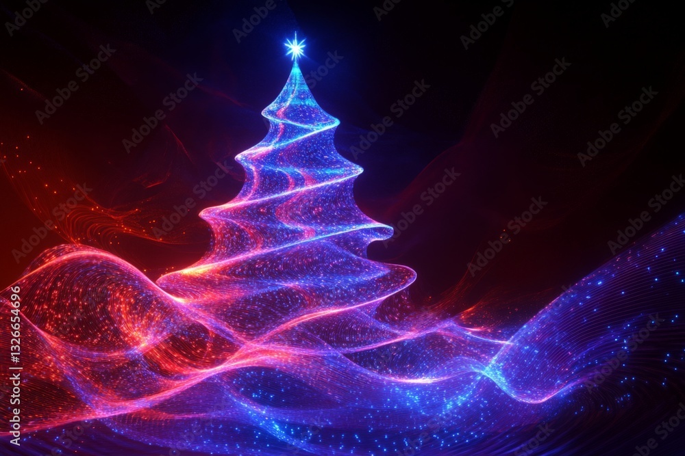 Poster colorful light display of a christmas tree with star on top in a glowing dark background during holi