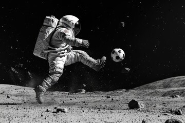 astronaut playing football on the moon