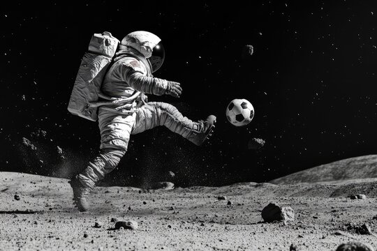 astronaut playing football on the moon