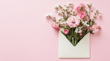 Composition with envelope and beautiful spring flowers on pastel background