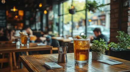 Iced tea drink on cafe table, city view