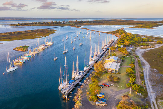 Aerial view of a boats and yachts anchored at a coastal marina