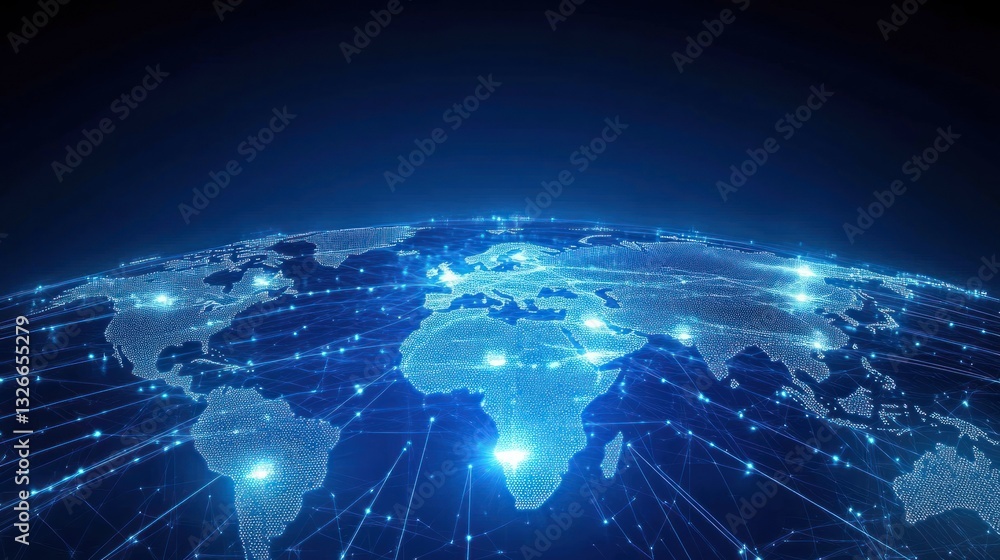 Poster a vivid, digital representation of earth showcasing network connections and data flow against a dark